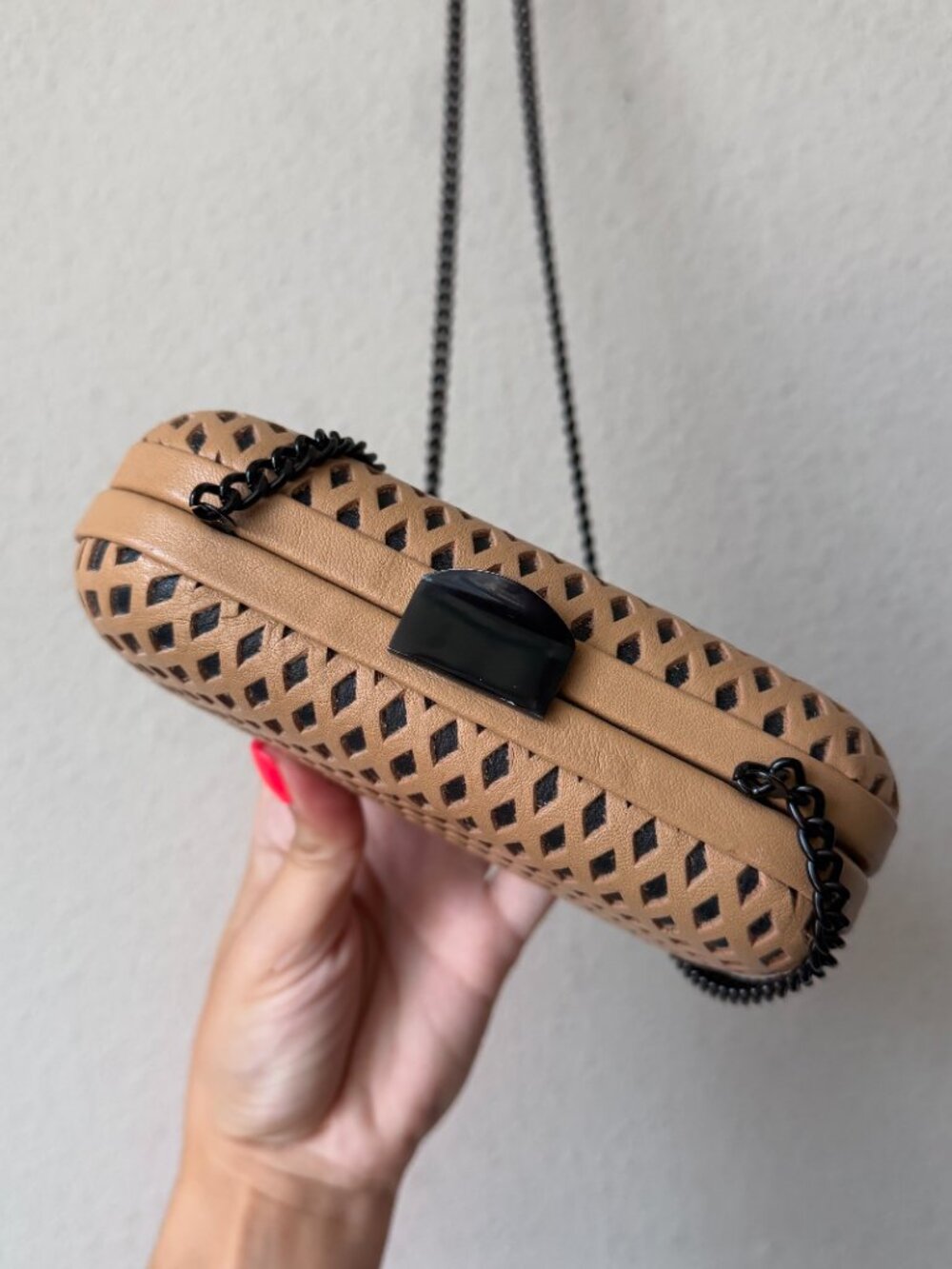 Loeffler Randall Tan Black Leather Minaudière Laser Cut Clutch - Picture 2 of 9